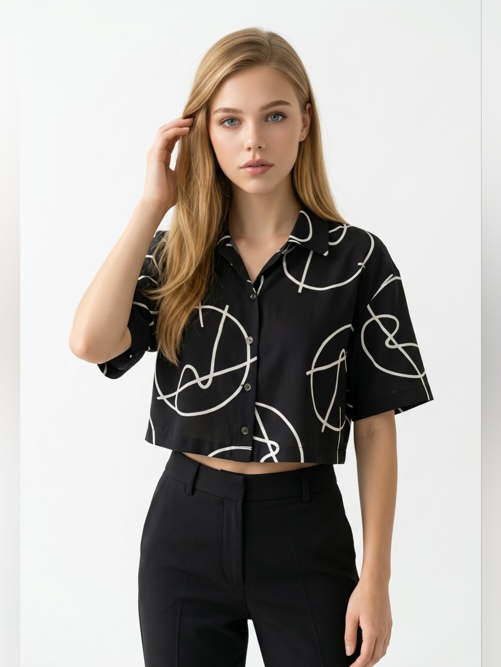 Black Short-Sleeve Crop Button-Down Top with White Graphic Print